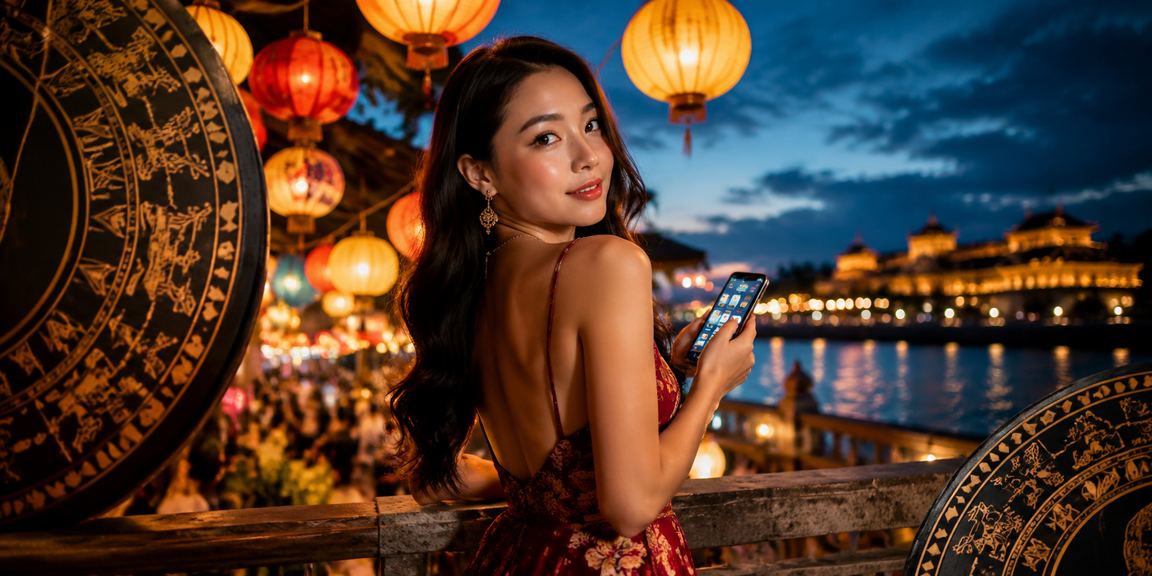 Người dùng tại chợ đêm Huế cầm điện thoại đăng nhập casino trực tuyến ban đêm