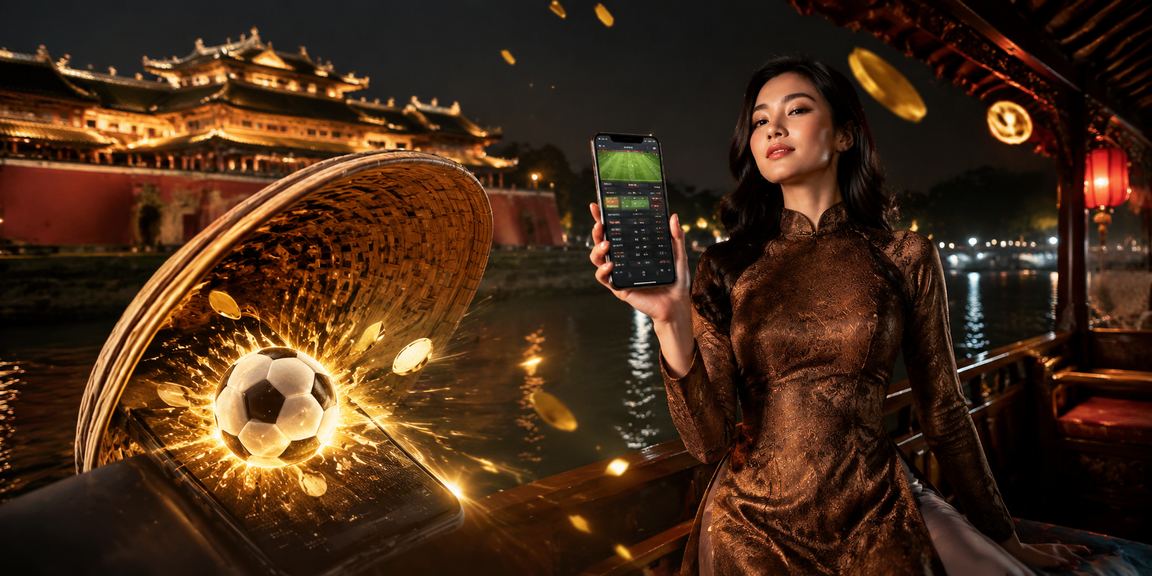 Người phụ nữ đội nón lá Huế cầm điện thoại trải nghiệm casino mobile trực tuyến