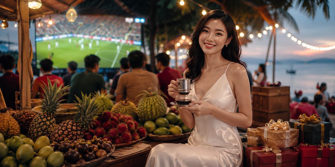 Người đàn ông ngồi tại quán cà phê Mekong xem bóng đá và đặt cược trực tuyến trên điện thoại