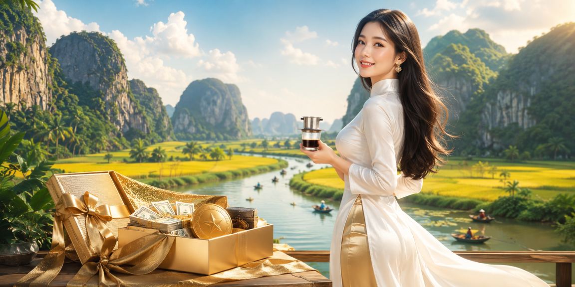 Phụ nữ mặc áo dài Ninh Bình ngồi thư giãn bên dòng sông, tượng trưng cho sự cân bằng cuộc sống khi chơi game có trách nhiệm